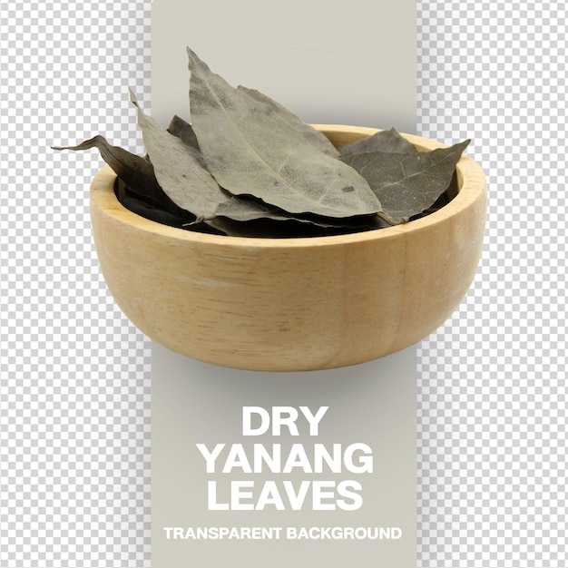 PSD dried yanang leaves tiliacora triandra in wooden bowl side view transparent background