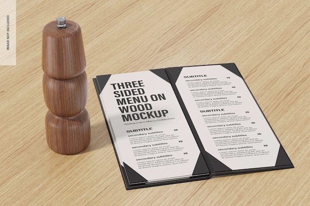 Driezijdig menu op houten mockup, perspectief