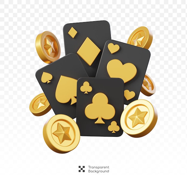 PSD drijvende pokerkarten met geïsoleerde gouden munten icon 3d van het casino en het gokken