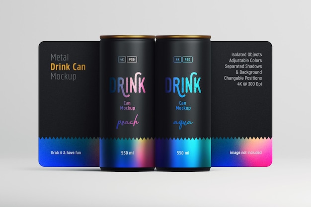 PSD drink cans mockup with isolated labels front view