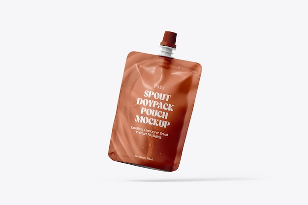 PSD drink doypack bag packaging mockup floating view with spout lid