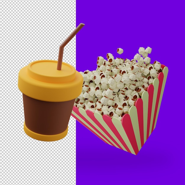 PSD drink en pop corn cinema 3d-rendering illustratie
