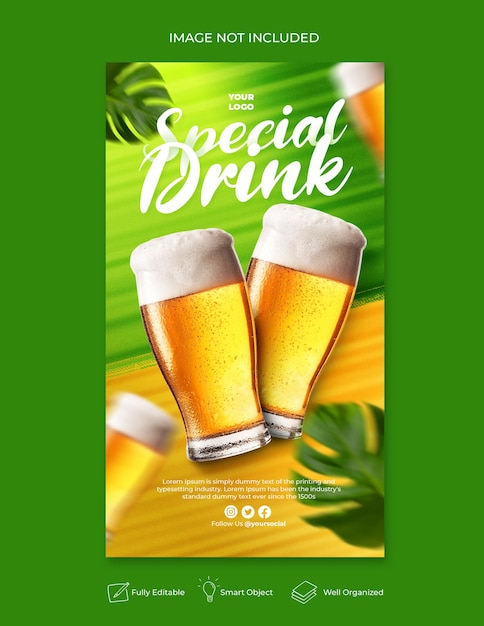 PSD modello di storia di instagram di social media di promozione del menu delle bevande