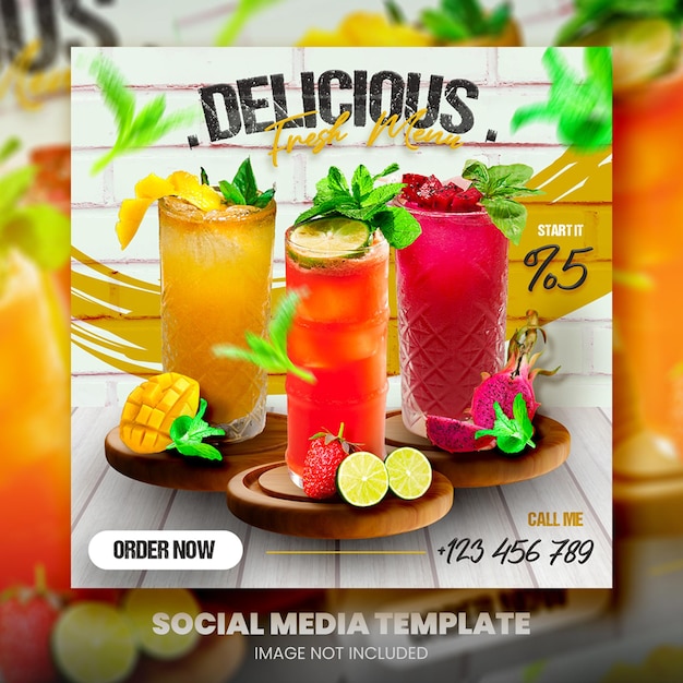 PSD menu di bevande e modello di post sui social media del ristorante