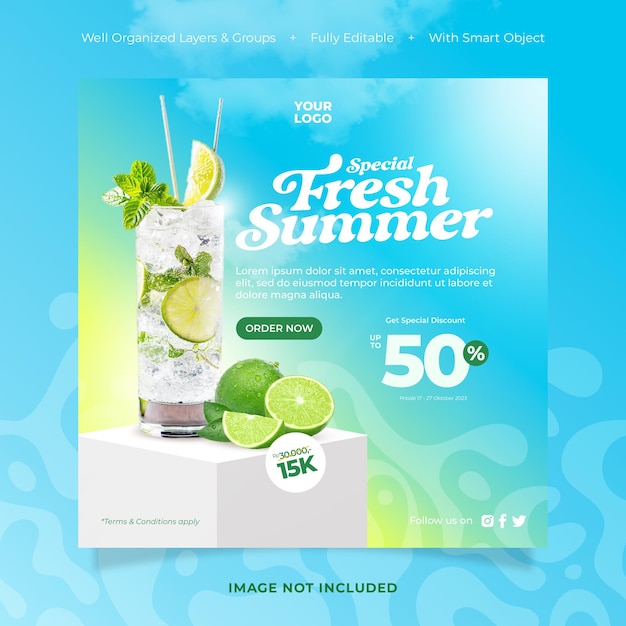Modello di post sui social media estivi speciali per la promozione delle bevande