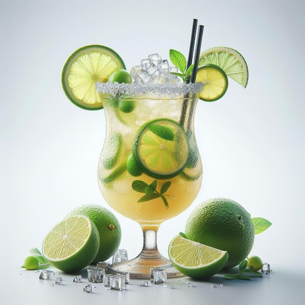 A drink with limes and limes on it with a straw