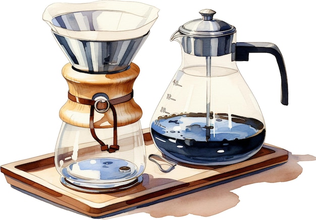 PSD drip coffee equipment watercolor illustrations