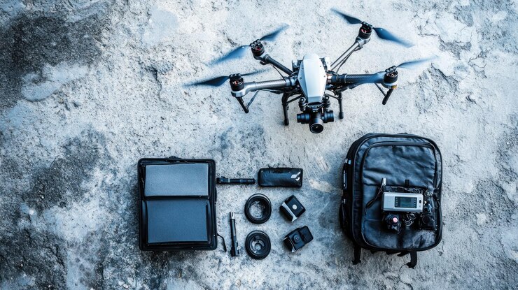 PSD drone and accessories arranged for aerial photography