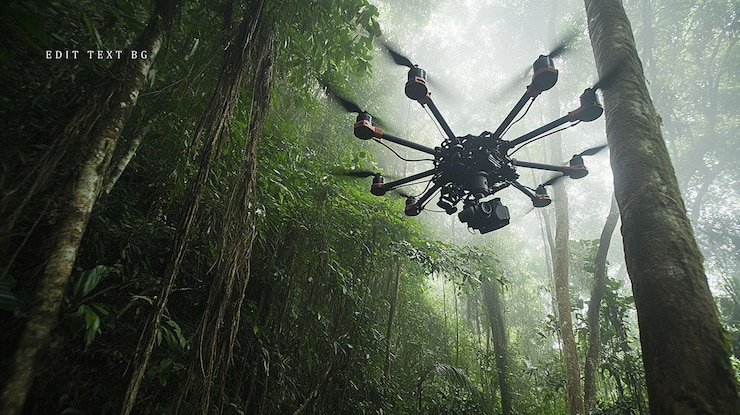 PSD drone flying through a misty rainforest canopy