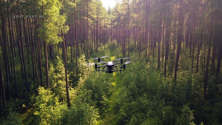 PSD drone flying through sunlit pine forest