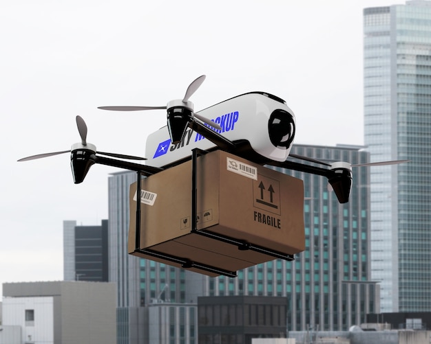 PSD drone mockup used for air transportation