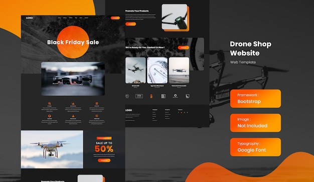 PSD ダークモードでドローンオンラインショップeコマースウェブサイトテンプレート
