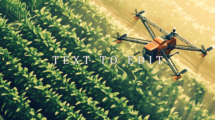 PSD drone spraying crops in a lush green field at sunrise