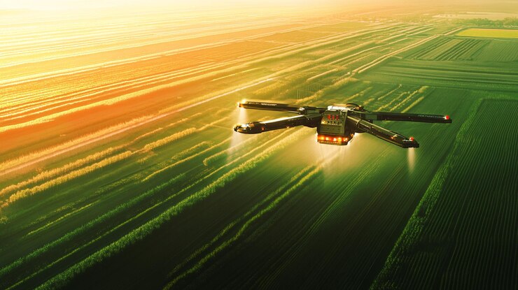 PSD drone spraying crops at sunset over agricultural fields