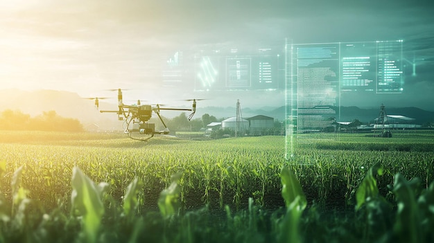 drone surveying a cornfield displaying data on a futuristic interface