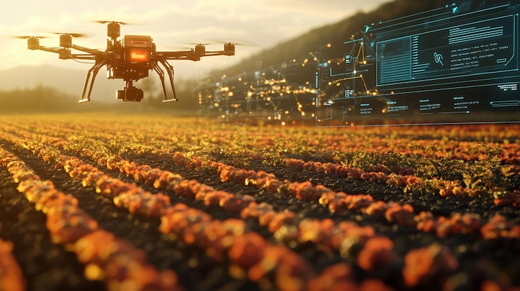 PSD drone surveying agricultural field at sunset using ai technology for precision farming