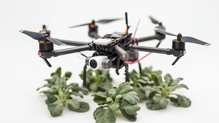 PSD drone with camera hovering over plants