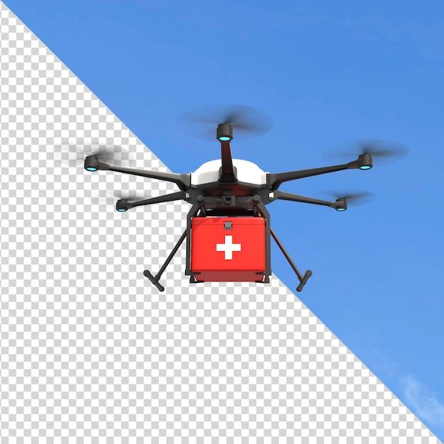 PSD drone with first aid kit on transparent background