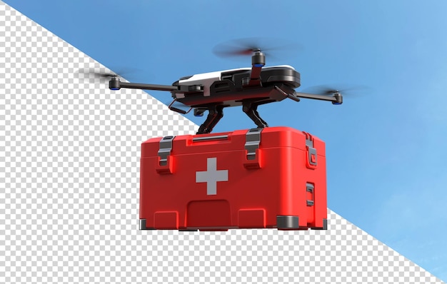 PSD drone with first aid kit on transparent background