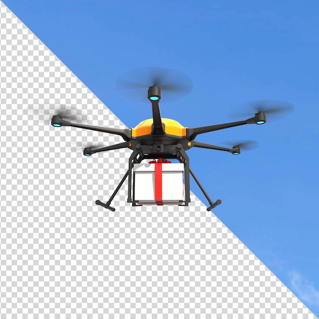 PSD drone with white gift box on transparent background