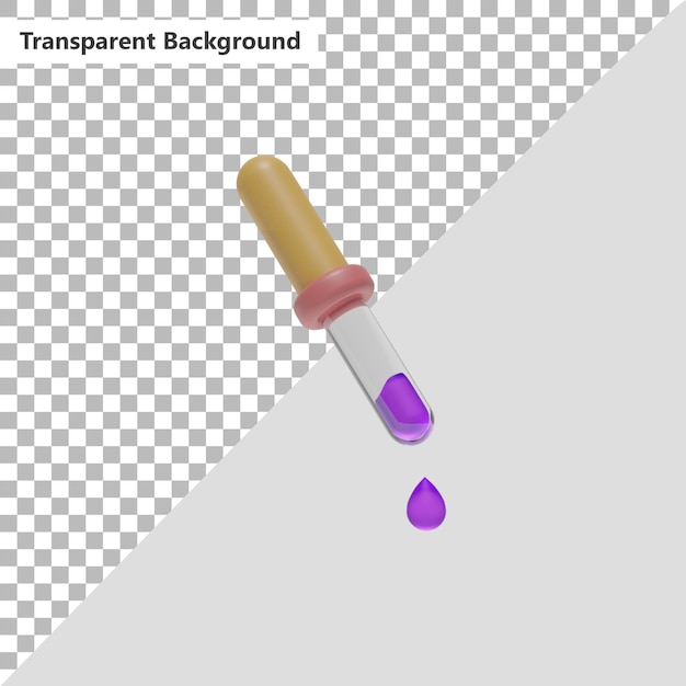 Una goccia di liquido viene versata in un tubo con un rendering 3d contagocce viola.