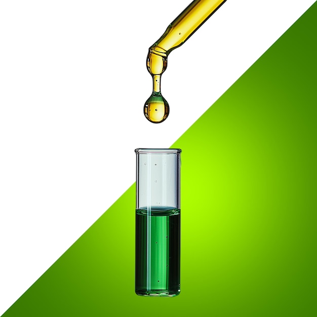 Droplet of liquid being dropped into a test tube containing a green liquid
