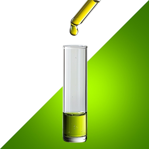 Droplet of yellow liquid being dropped into glass vial