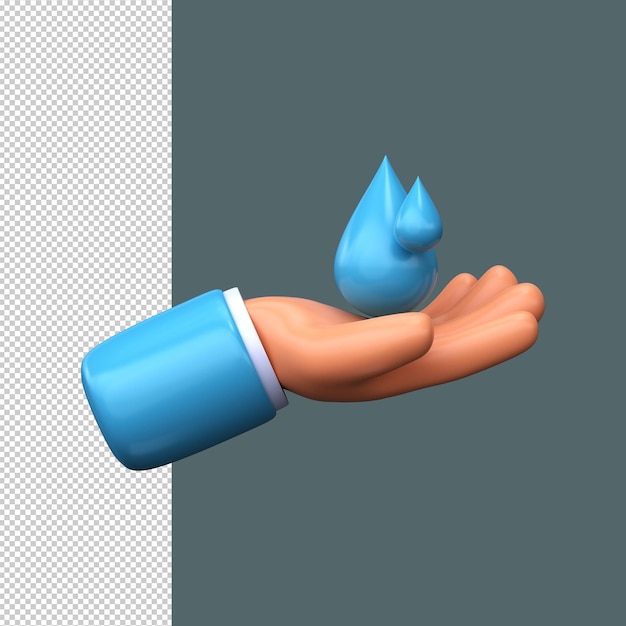 PSD druppels water met een waterteken in de hand pictogram in 3d-stijl