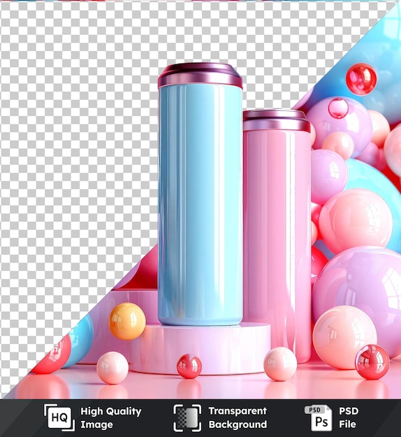 PSD dry cell battery and colorful balloons arranged on a transparent background with a silver top