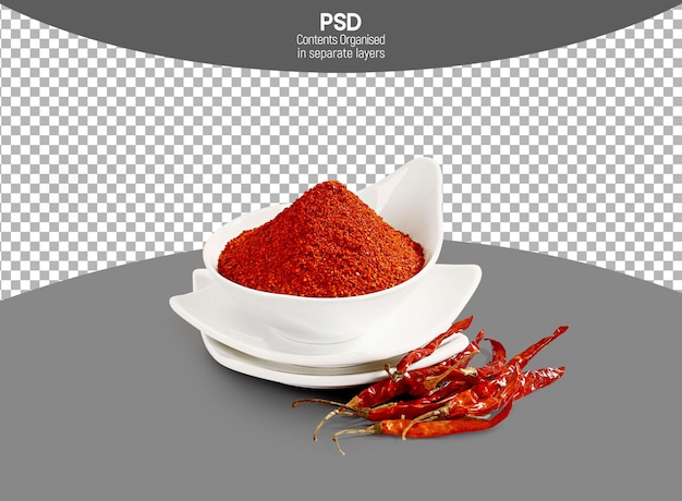dry chili powder in white bowl isolated on transparent background