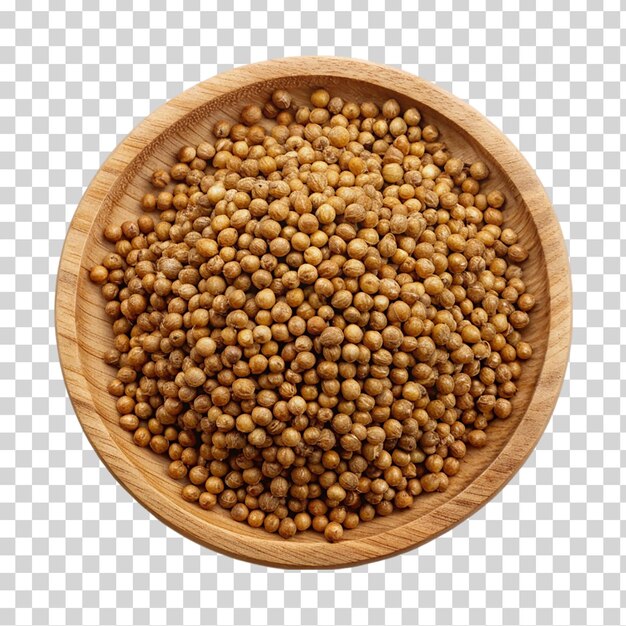 PSD dry coriander seed spice on a wood plate on transparent background