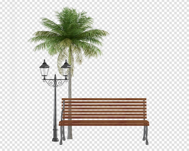 PSD drzewa kokosowe z krzesłem w renderowaniu 3d
