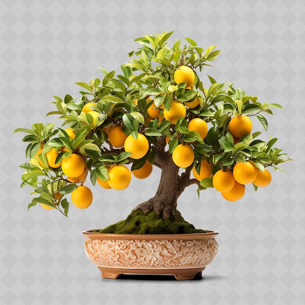 PSD drzewo bonsai z pomarańczami na boku i szarym tle