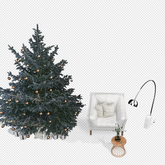 PSD drzewo bożonarodzeniowe i nowoczesne fotele w renderowaniu 3d