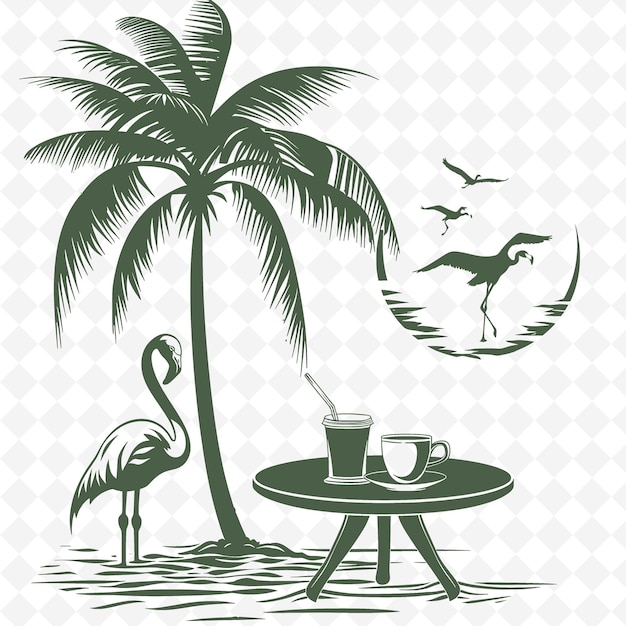 PSD drzewo palmowe i kubek kawy na stole z ptakami latającymi na tle