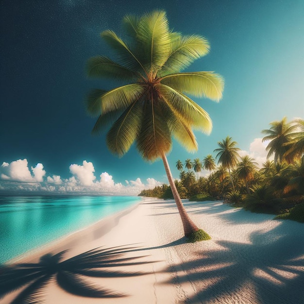 PSD drzewo palmowe kokosowe na tropikalnej, białej piaszczystej plaży na zachodzie słońca na przezroczystym tle