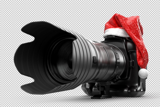 Dslr-camera in een rode kerstmuts van de kerstman. 3d-rendering