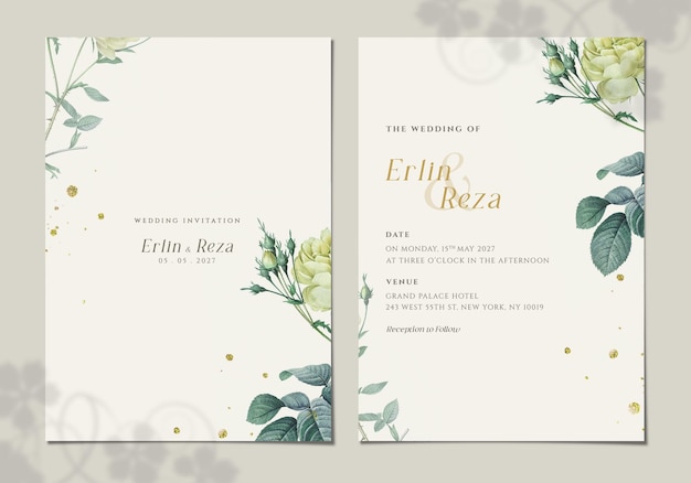 PSD dubbelzijdige bruiloft uitnodiging kaart sjabloon met gele bloem