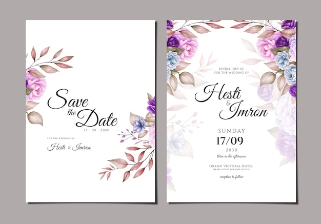 dubbelzijdige bruiloftsuitnodiging sjabloon met bloemen