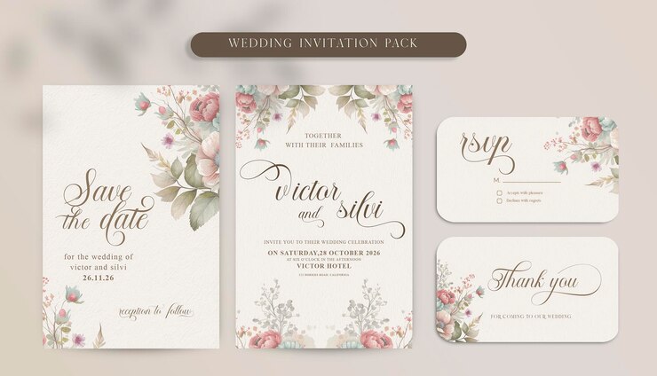 PSD dubbelzijdige sjabloon voor huwelijksuitnodigingen met menu en rsvp met roze bloemen