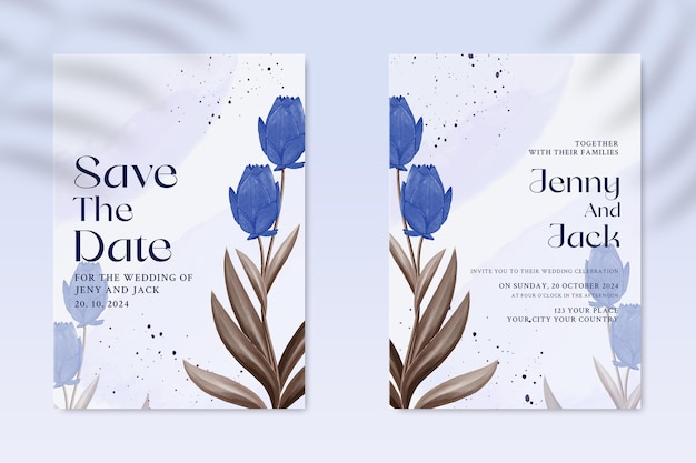 Dubbelzijdige trouwkaartsjabloon met blauwe bloem Premium Psd