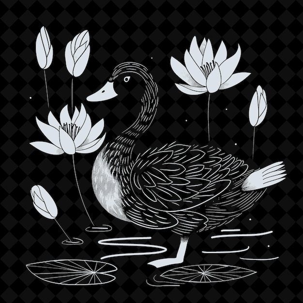 PSD duck folk art with water lilies and feathers for decorations creative outline art frame collection