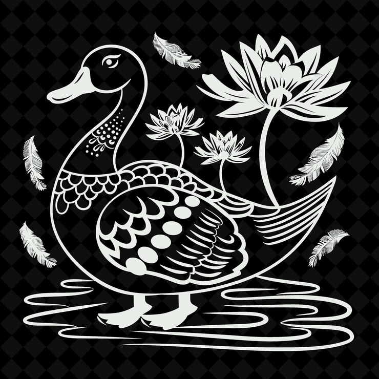 PSD duck folk art with water lilies and feathers for decorations creative outline art frame collection