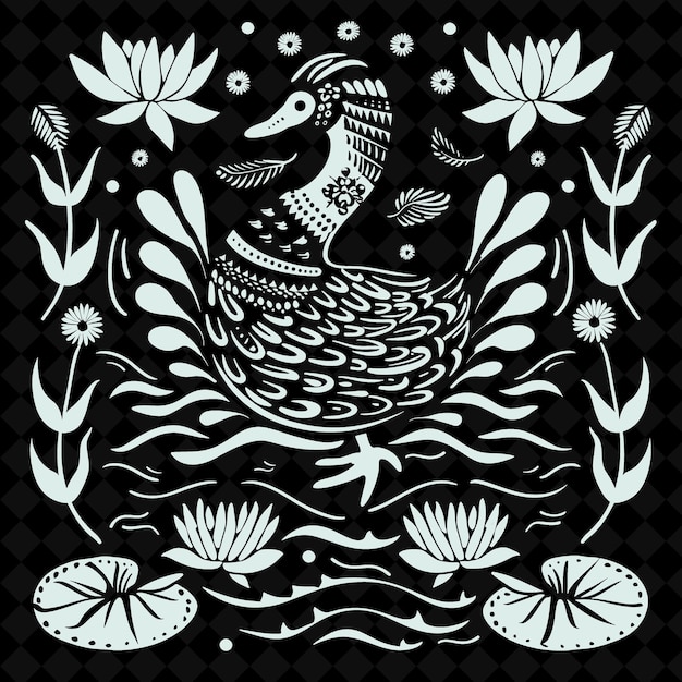 A duck in a pond with flowers and a black background