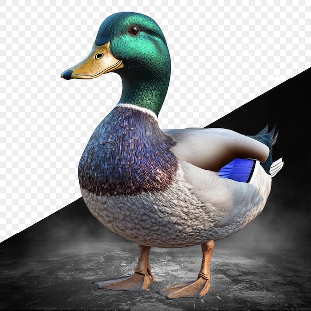 a duck with a blue tail and a black background