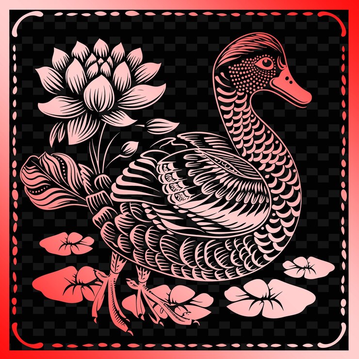 PSD a duck with flowers and a red background with a black and red background
