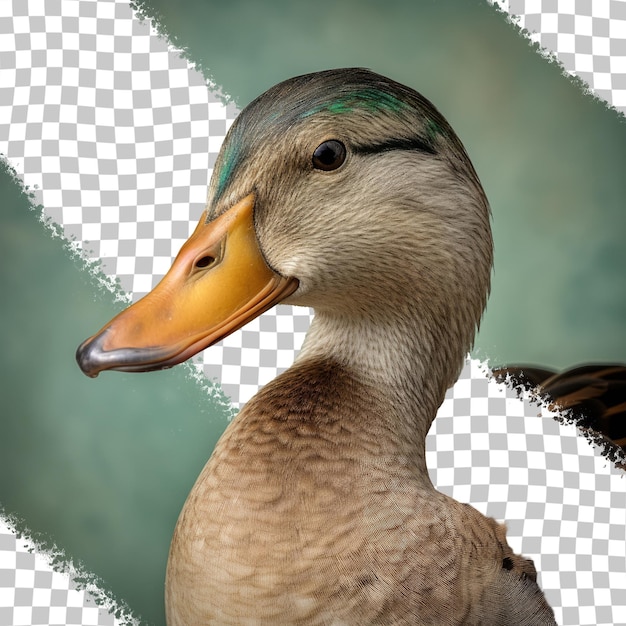 A duck with a yellow beak and a green stripe on the bottom.