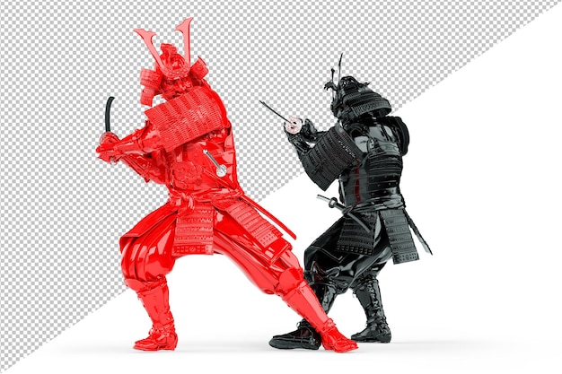 PSD 赤と黒の武士の対決 白い背景に隔離された 3d レンダリング