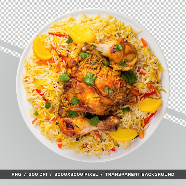 PSD dum handi chicken biryani popular indian non vegetarian food top view transparent background