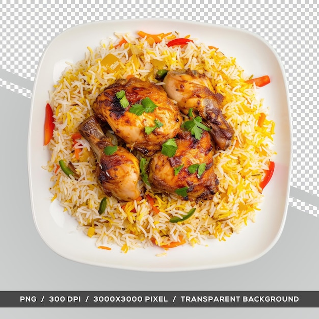 PSD dum handi chicken biryani popular indian non vegetarian food top view transparent background